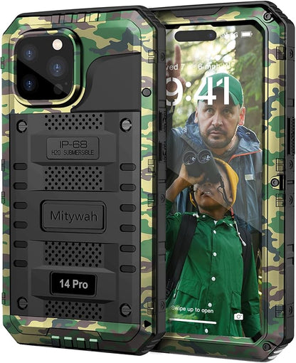 Mitywah Waterproof Case for iPhone 14 Pro, Heavy Duty Shockproof Case with Built-in Screen Protector, Full Body Underwater Protective Metal Case 6.1 inch, Camouflage