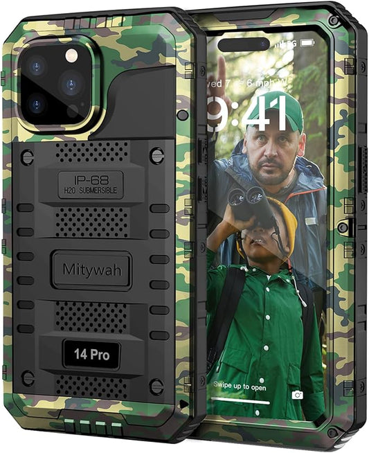 Mitywah Waterproof Case for iPhone 14 Pro, Heavy Duty Shockproof Case with Built-in Screen Protector, Full Body Underwater Protective Metal Case 6.1 inch, Camouflage