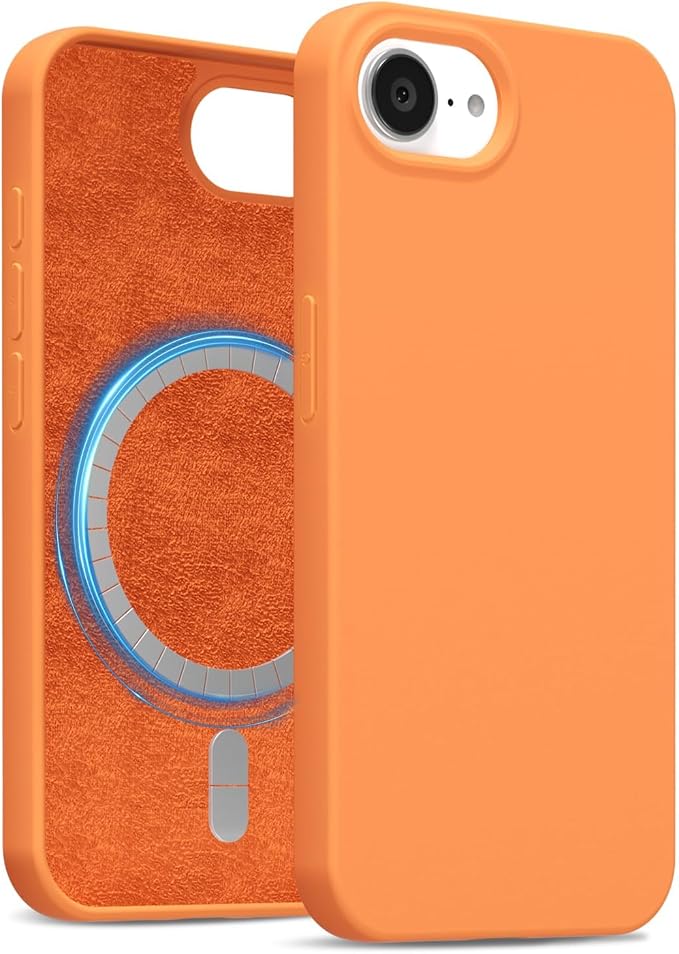 for iPhone 17e 16e Case Silicone Compatible with Magsafe Case, Ultra Slim Thin Magnetic Phone Cases Mag Safe, Cute Soft Rubber Gel TPU Matte Plain Wireless Charging Cover for Women, Neon Orange