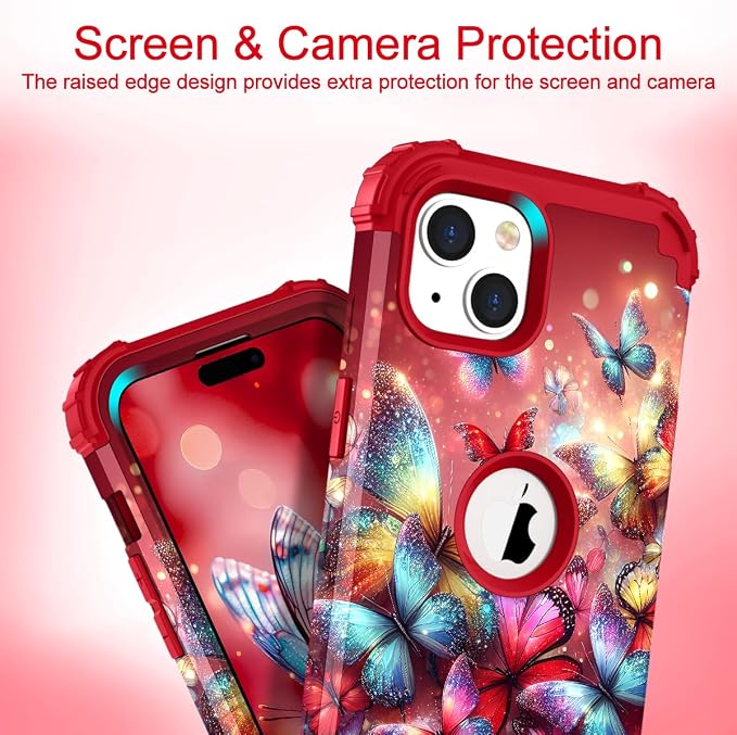 Hocase for iPhone 15 Plus Case, Heavy Duty Shockproof Protection Soft Silicone Rubber Bumper+Hard Plastic Hybrid Protective Case for iPhone 15 Plus 6.7" 2023 - Shimmering Butterflies in Red