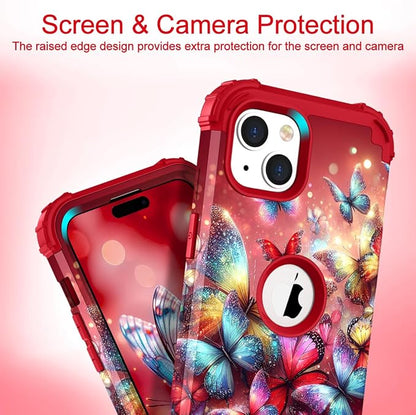 Hocase for iPhone 15 Plus Case, Heavy Duty Shockproof Protection Soft Silicone Rubber Bumper+Hard Plastic Hybrid Protective Case for iPhone 15 Plus 6.7" 2023 - Shimmering Butterflies in Red