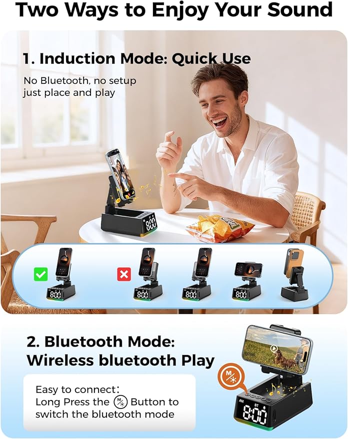 Bluetooth Speaker Birthday Gift for Men:Induction Cell Phone Stand HD Sound Valentines Gifts For Him Her Adult Teen,Anti-Slip Phone Holder Kitchen Gadget Women Mom Wife,Dad Husband Boyfriend(Black)