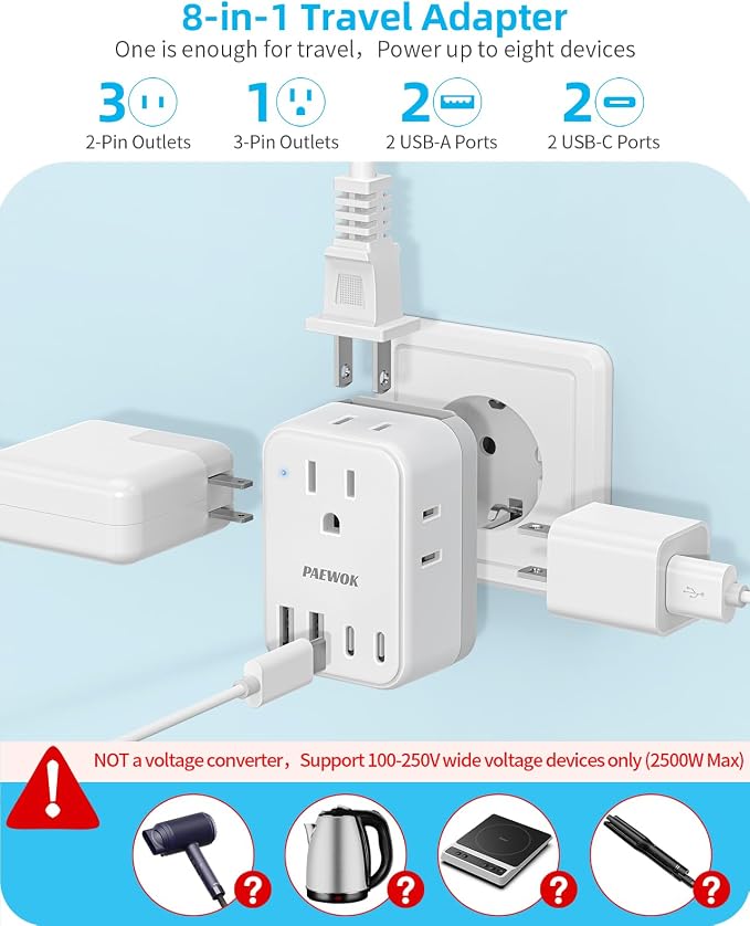 International Power Adapter Set, Travel Adapter, US to EU/UK/AUS/Japan | Travel Plug Adapter, Type F/G/I/C/B/A Detachable Plug, 4 AC Outlets 4 USB Ports (2 USB C), Worldwide Universal Travel Adapter