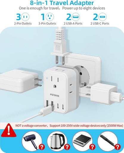 International Power Adapter Set, Travel Adapter, US to EU/UK/AUS/Japan | Travel Plug Adapter, Type F/G/I/C/B/A Detachable Plug, 4 AC Outlets 4 USB Ports (2 USB C), Worldwide Universal Travel Adapter
