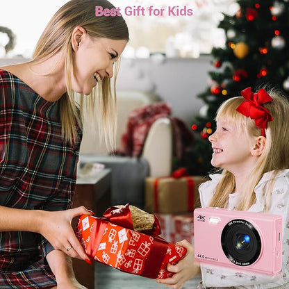 Digital Camera, 4K 44MP Autofocus Point and Shoot Camera with 16X Zoom 2.4" LCD Portable Compact Camera for Kids Teens Boys Girls Adults (Pink)