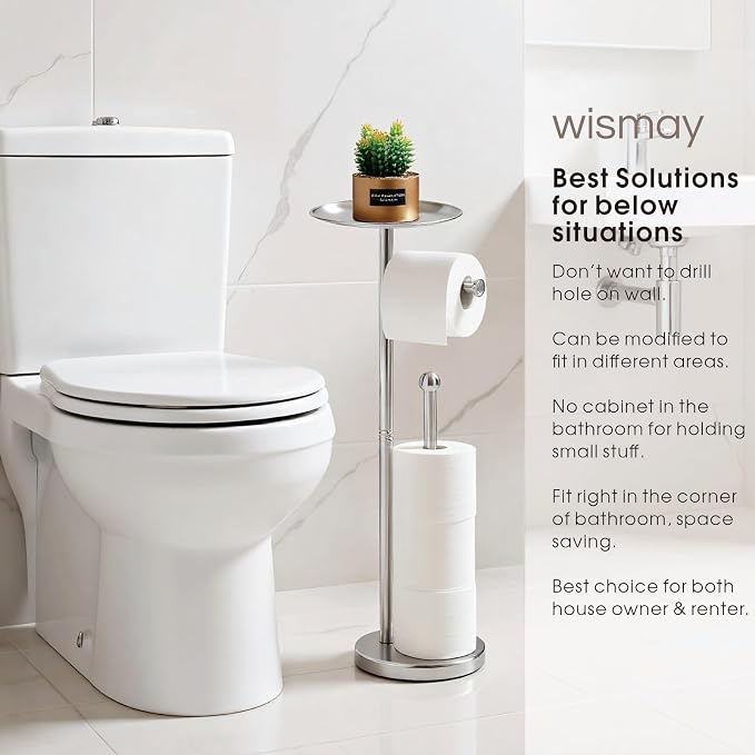 Toilet Paper Holder Stand with Phone Shelf, Holds 5 Rolls, Free Standing TP Roll Holder for Bathroom, Practical Shelf on Top for Phone, Wet Wipes, Potted Plant (Brushed Nickel)