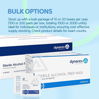 Dynarex DynaSafety Sterile Alcohol Prep Pads - Medium - 70% Isopropyl Alcohol, Individually Wrapped, Soft Cleaning Wipes - 100 per Box