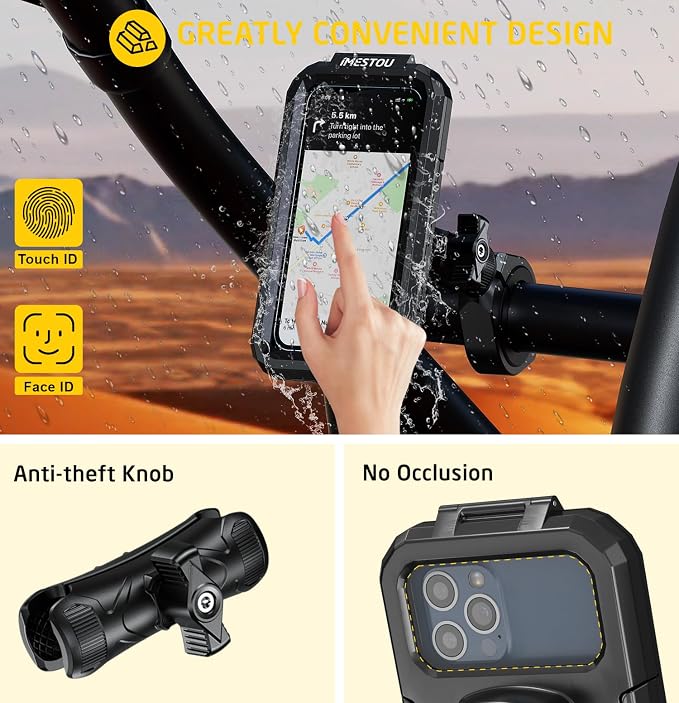 iMESTOU Waterproof ATV Phone Mount with Anti-Theft Design and 360° Rotation 1“ Ball Base Fits for ATV UTV 1.5''/1.75''/1.85''/2''/2.1'' Handlebars, Suitble for 3.5"-6.1" Smartphones (Size S)