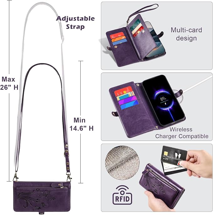 Lacass for iPhone 16 Plus Case Wallet,[Cards Theft Scan Protection] Card Holder Zipper Leather Flip Cover Crossbody Wrist Strap with Stand (Floral Dark Purple)