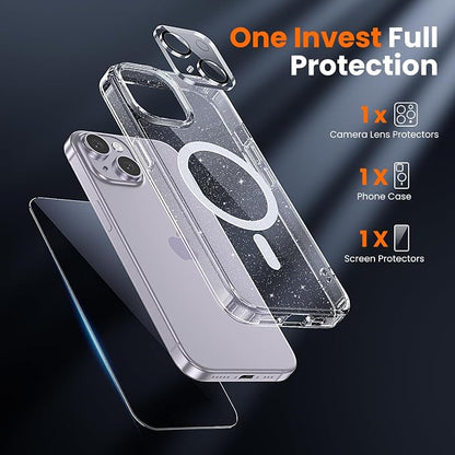 3 in 1 for iPhone 14 Case Clear with MagSafe, Not Yellowing, Screen Protector*1 Camera Lens Protector*1, Military-Grade Protection for iPhone 14 Phone Case 6.1 inch Clear Glitter