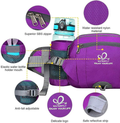 WATERFLY Fanny Pack Waist Bag: Fannie Pack 2 Water Bottle Holders Lumbar Belt Hiking Walking Running Jogging Camping Large Woman Man (Bottle Not Included)
