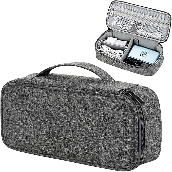 Teskyer Tech Organizer Pouch with Handle, Dark Grey | Water-Resistant Fabric, Adjustable Dividers, Multiple Compartments, Protective Lining, Travel and Office Use