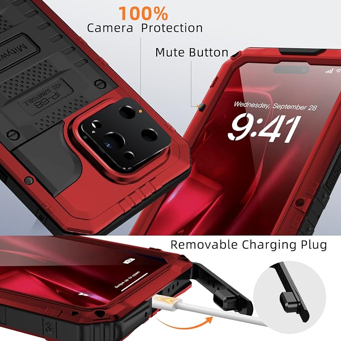 Mitywah Waterproof Case for iPhone 14 Pro Max, Heavy Duty Shockproof Case with Built-in Screen Protector, Full Body Underwater Protective Metal Case 6.7 inch, Red