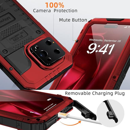 Mitywah Waterproof Case for iPhone 14 Pro Max, Heavy Duty Shockproof Case with Built-in Screen Protector, Full Body Underwater Protective Metal Case 6.7 inch, Red