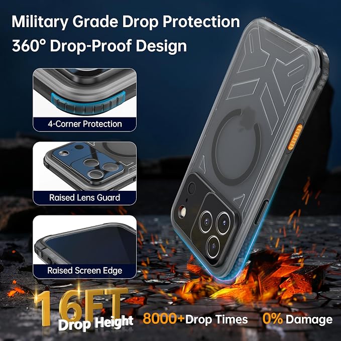 for iPhone 17 Pro Waterproof Case, Fit for Magsafe, IP68 Full Body Shockproof Dustproof, Built-in Camera Control and Screen Protector, 16FT Heavy Duty Military, 6.3" Black