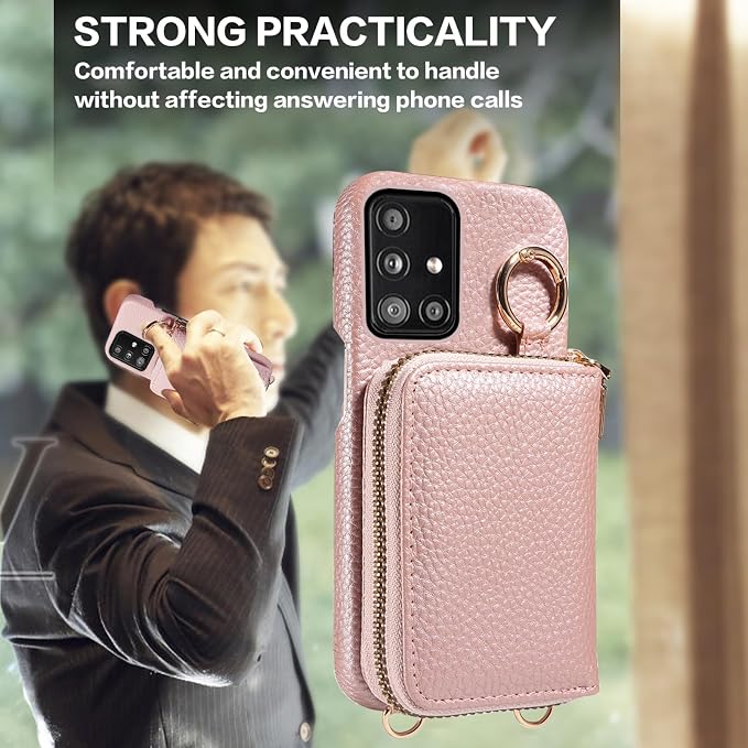 Wallet Case for Samsung Galaxy A51 5G/A 51 5G UW Verizon & Shoulder Strap Ring Buckle PU Leather Zipper Flip Organ Purse Credit Card Holder Stand Full Body Phone Cover for 51A G5 S51 Rose Gold
