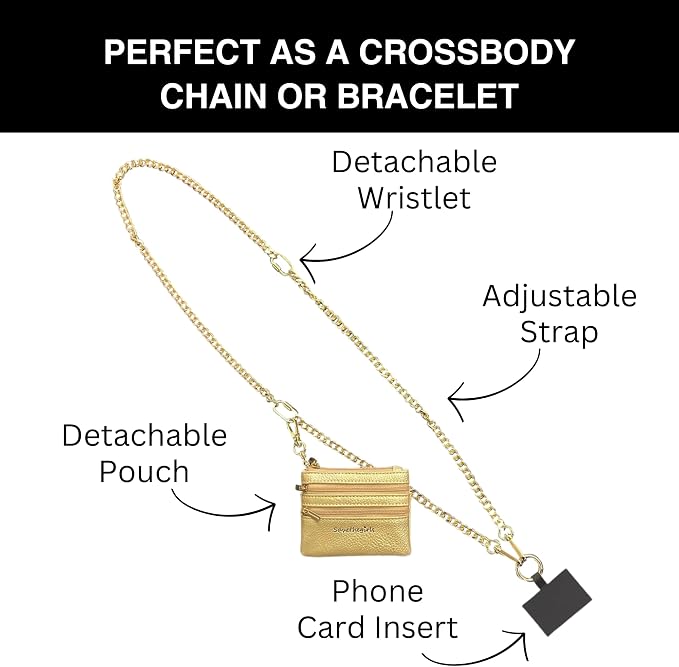 Save the Girls Clip and Go Phone Metal Chain with Pouch (Gold - Gold Pouch) – Stylish Phone Lanyard Crossbody with Wallet for Women, Hands-Free Carrying and Adjustable Crossbody Chain Strap