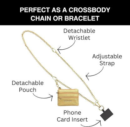Save the Girls Clip and Go Phone Metal Chain with Pouch (Gold - Gold Pouch) – Stylish Phone Lanyard Crossbody with Wallet for Women, Hands-Free Carrying and Adjustable Crossbody Chain Strap