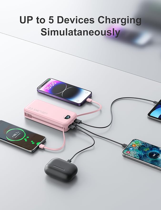 Portable Charger, 20000mAh 22.5W Fast Charging Power Bank with Built-in Cables & Wall Plug, External Battery Pack with LED Display, Travel Essentials Battery Bank for iPhone, iPad, Samsung Fairy Pink