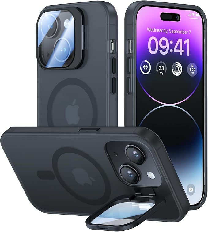 for iPhone 13 Case/iPhone 14 Case with Camera Cover Stand [Built-in 9H Camera Lens Protector][Fit for Magsafe] Military Grade Shockproof Translucent Matte Magnetic Phone Case 6.1", Black