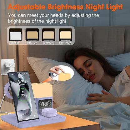 Wireless Charger for Samsung/Android Charging Station, 6 in 1 Fast Watch Charger with Alarm Clock-Night Light, Compatible for Galaxy S25 Ultra/S24, Only for Samsung Watch 8/7,Galaxy Buds3 Pro(Purple)