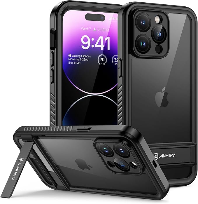 Lanhiem for iPhone 14 Pro Max Case with Kickstand, IP68 Waterproof Dustproof Built-in Screen Protector, Full Body Shockproof Protective Cover for iPhone 14 Pro Max, 6.7 Inch (Black)