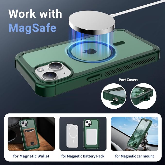 jaroco Magnetic for iPhone 13 Case, [Compatible with MagSafe][Military Grade Drop Protection][Heavy Duty Protection][Non-Slip][Shockproof] 2-Layer Durable Bumper Phone Case 6.1''-Forest Green
