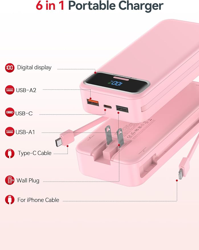 20000mAh Lightweight-Portable-Charger-Power-Bank with Built-in Cables and AC Wall Plug, PD20W USB-C Fast Charging Battery Pack, LED Display External Travel Phone Charger for All iPhone,Samsung,Android