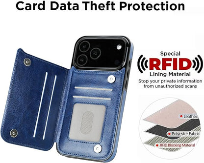uCOLOR for iPhone 17 Pro Max Wallet Case with Card Holder PU Leather RFID Blocking Design iPhone 17 Pro Max flip case for Women Men Magnetic Clasp Kickstand Design 6.9 inch (Blue Daisy)