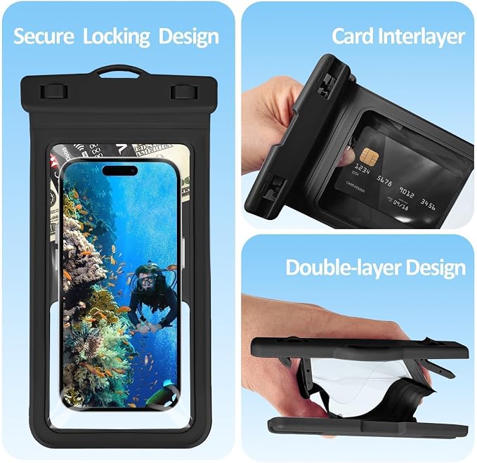 MOLOPPO Waterproof Phone Pouch, with Interior Card Holder, Large Dry Phone Case for iPhone 17 16 15 14 13 Pro Max, Beach Vacation Essentials,1 Pack,Black