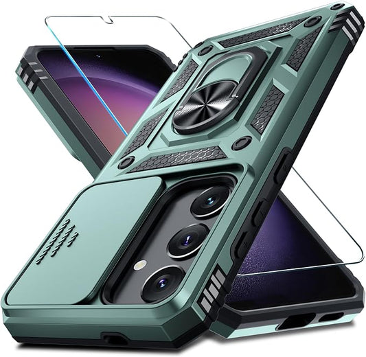 Janmitta Compatible with Samsung Galaxy S25 Plus/S24 Plus Case Built in Slide Camera Lens Cover+Screen Protector+Finger Ring Holder Kickstand,Heavy Duty Shockproof Full Body Phone Cover,Dark Green
