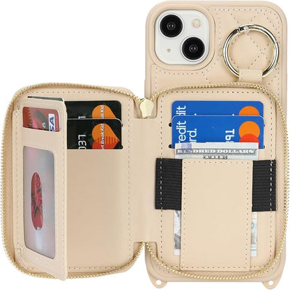 Crossbody Wallet Case for iPhone 14 Plus, PU Leather Zipper Handbag Purse Flip Cover, Kickstand Folio Case with Card Slots Holder Wrist Strap Lanyard 5G 6.7 Inch-White