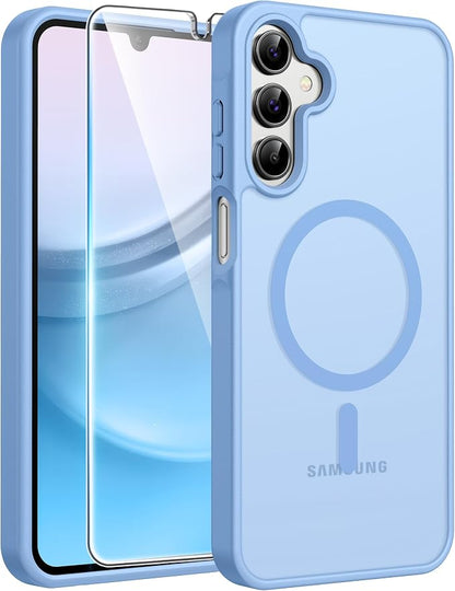 FNTCASE for Galaxy A15 5G Phone Case, Screen Protector, Light Blue | Translucent Matte Magnetic Back, 14FT Military Grade Drop Protection, Shockproof Protective, for Samsung A 15 Cover