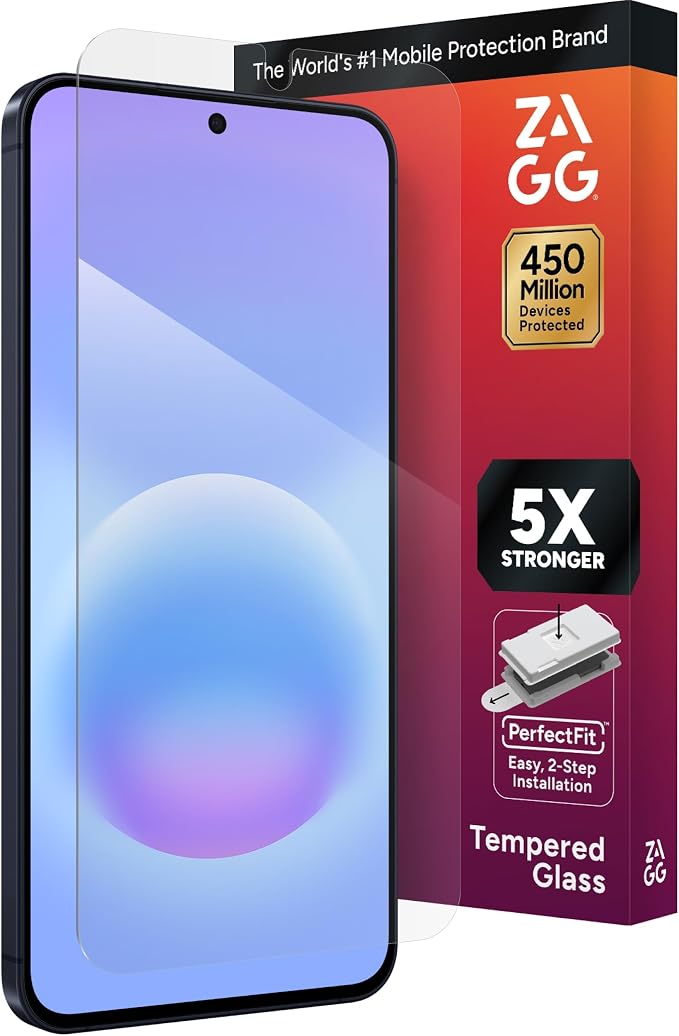 ZAGG Glass Elite Samsung Galaxy A57 5G Screen Protector - 5x Stronger Tempered Glass, Fingerprint Scanner Compatible, 30% Recycled Glass, InvisibleShield, Easy Install PerfectFit