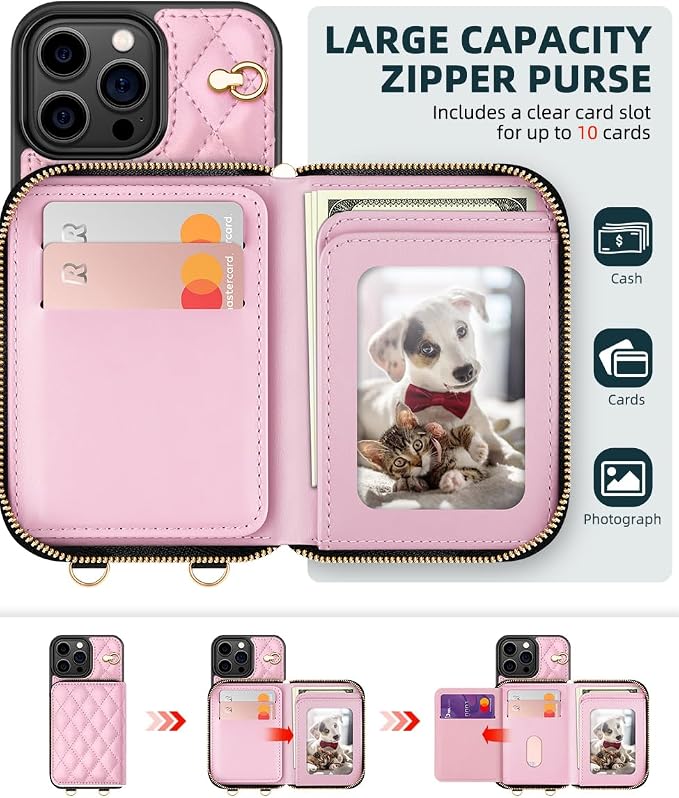 OCASE Compatible with iPhone 16 Pro Max Crossbody Wallet Case with Card Holder, PU Leather Zipper Handbag Phone Purse with RFID Blocking Kickstand Wrist Strap Lanyard 6.9 Inch, Diamond Check Pink
