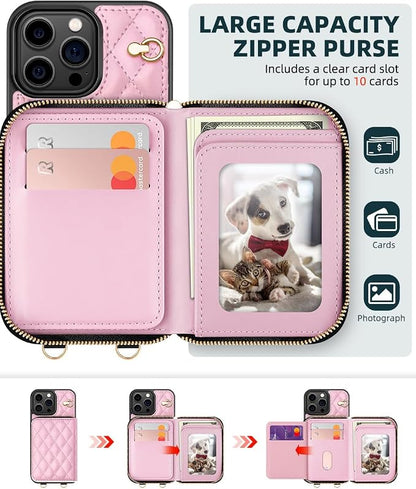 OCASE Compatible with iPhone 16 Pro Max Crossbody Wallet Case with Card Holder, PU Leather Zipper Handbag Phone Purse with RFID Blocking Kickstand Wrist Strap Lanyard 6.9 Inch, Diamond Check Pink