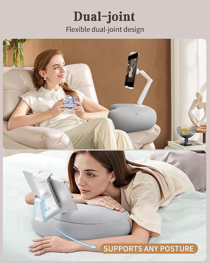 SAIJI Kindle Pillow Stand, iPad Stand Compatible with 4.7”-15.6” Kindle, Phone, iPad, 360° Adjustable Lap Beanbag Tablet Holder for Bed with Flexible Dual Axis Arm and Microbead Cushion (Gray)