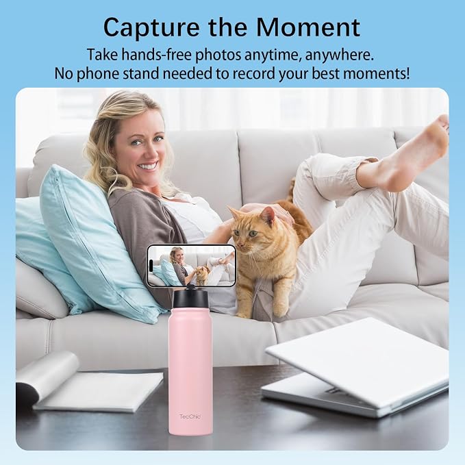 Insulated Water Bottle with Magnetic Phone Holder Compatible with MagSafe and iPhone,Double-Sided Magnet,Hot 12H Cold 24H,Stainless Steel Water Bottle Phone Mount for Sports Travel,27oz (Pink)