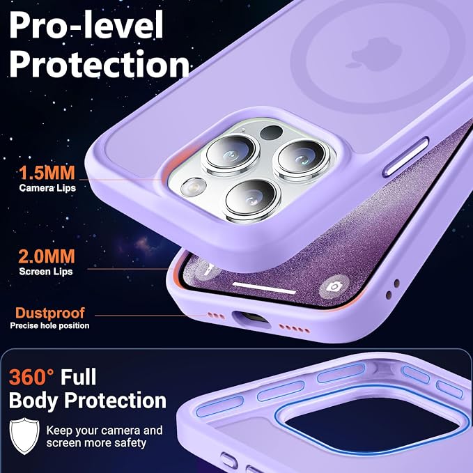 MOCCA Strong Magnetic for iPhone 15 Pro Case, [Compatible with Magsafe][13FT Military Drop Protection] Slim Translucent Matte Shockproof Case for iPhone 15 Pro Phone Case 6.1'', Light Purple