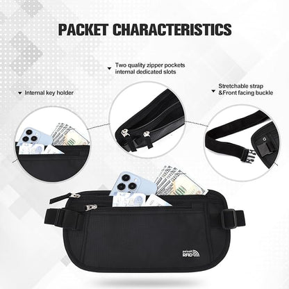 Unisex Money Belt For Men and Women, Slim Passport Holder RFID Blocking Travel Essentials Pouch with Adjustable Strap Small Waist Pouch for Workout Running Travelling Hiking (Black 2 Packs)