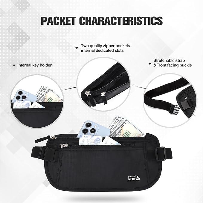 Unisex Money Belt For Men and Women, Slim Passport Holder RFID Blocking Travel Essentials Pouch with Adjustable Strap Small Waist Pouch for Workout Running Travelling Hiking, Black & Beige