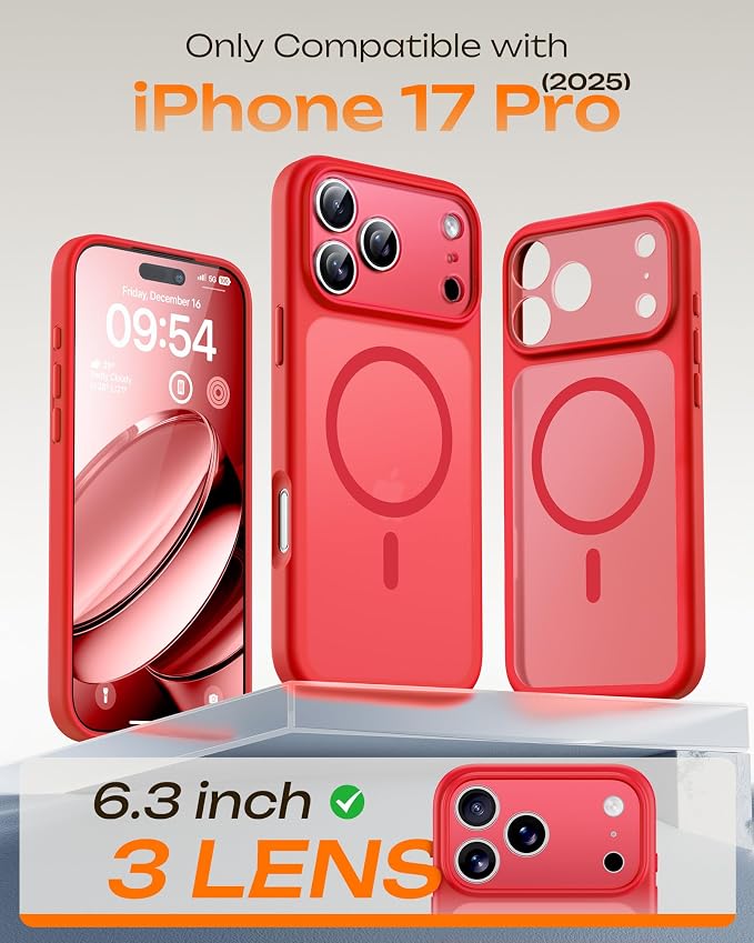 TOCOL for iPhone 17 Pro Case, Compatible with Magsafe Charger, Full Camera Protection, Translucent Matte Phone Case for 17 Pro 6.3 inch (Red)