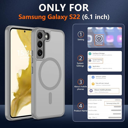 Pilaru for Samsung Galaxy S22 Case [Compatible with Magsafe] Translucent Matte Magnetic Phone Case,Slim Thin Duty Shockproof Protection Cover with 2pc HD Screen Protector-Gray