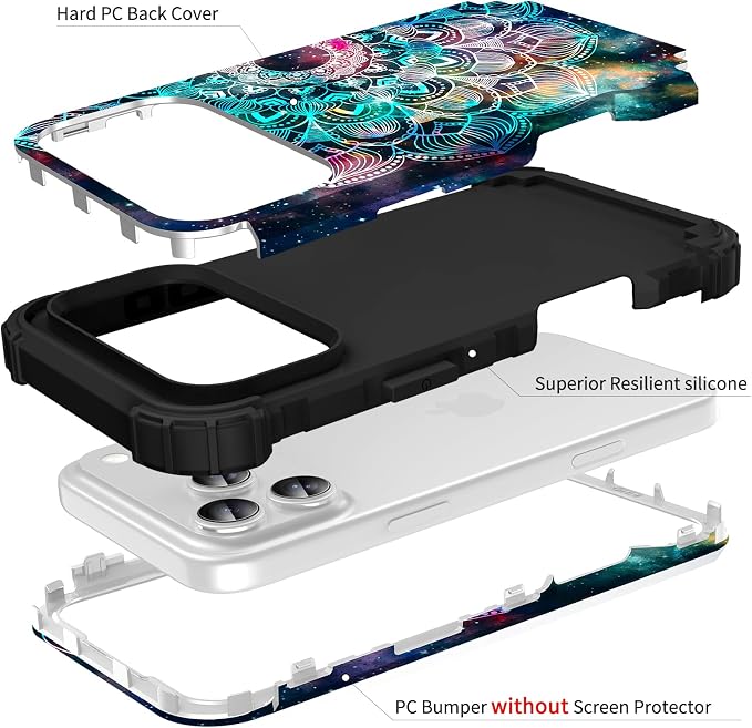 Hocase for iPhone 17 Pro Max Case, Heavy Duty Shockproof Protection Soft Silicone Rubber+Hard Plastic Bumpers Hybrid Protective Case for iPhone 17 Pro Max 2025 - Mandala in Galaxy