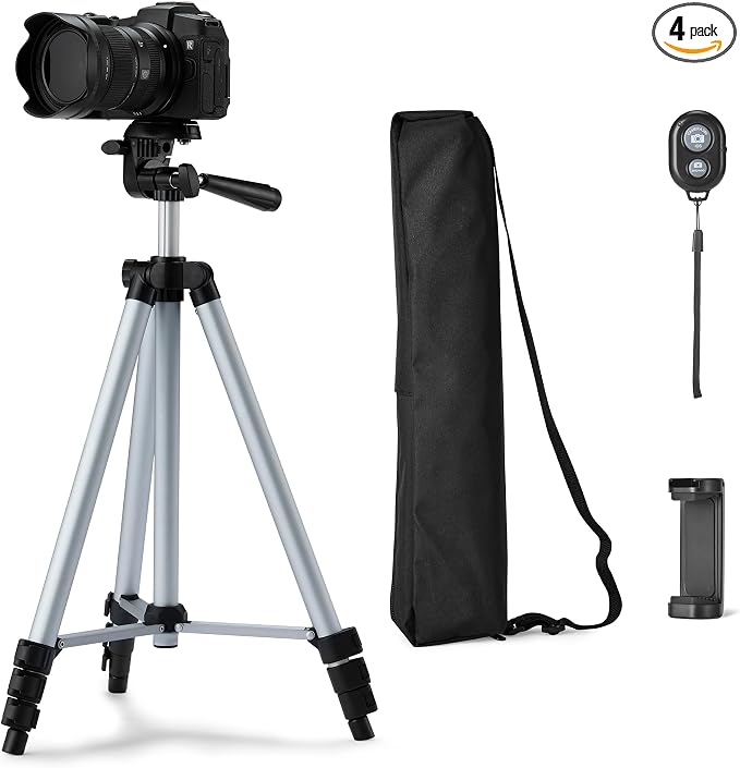Amazon Basics 50" Lightweight Tripod for Camera and Phone with Travel Bag, Remote Control and Phone Holder, Height Adjustable, Aluminum, Silver