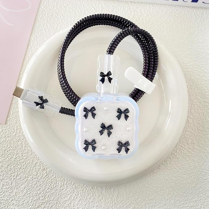 Charger Protective Set, Compatible with Apple 40W Dynamic Power Adapter (with 60W Max), DIY 3D Bowknot Wave Transparent Flexible TPU Charger Case + Spiral Data Cable Protector, Black Bow(5in1)