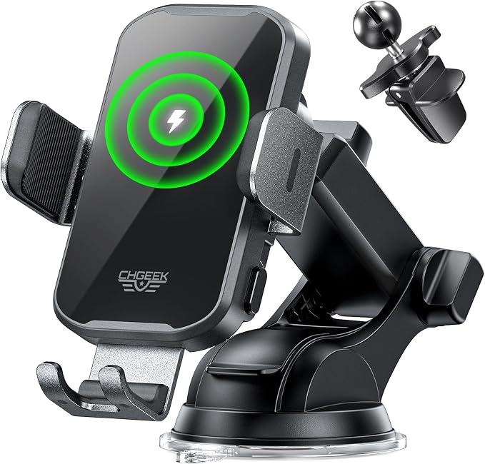 CHGeek Wireless Car Charger Phone Holder Mount, 15W Fast Charging Auto Clamping Phone Holders for Your Car Dashboard Windshield Air Vent Car Accessories for iPhone, Samsung Galaxy, Google Pixel etc