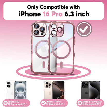 Misscase Designed for iPhone 16 Pro Case 6.3",with Privacy Screen Protector*1,Cute Wave Frame Case with Camera Lens Protector,Compatible with MagSafe Plating Bling for Women Pink