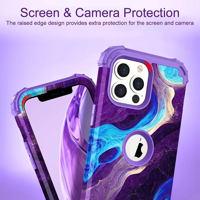Hocase for iPhone 13 Pro Case, Heavy Duty Shockproof Protection Soft Silicone Rubber+Hard Plastic Bumpers Hybrid Protective Case for iPhone 13 Pro 6.1" 2021 - Blue Purple Marble
