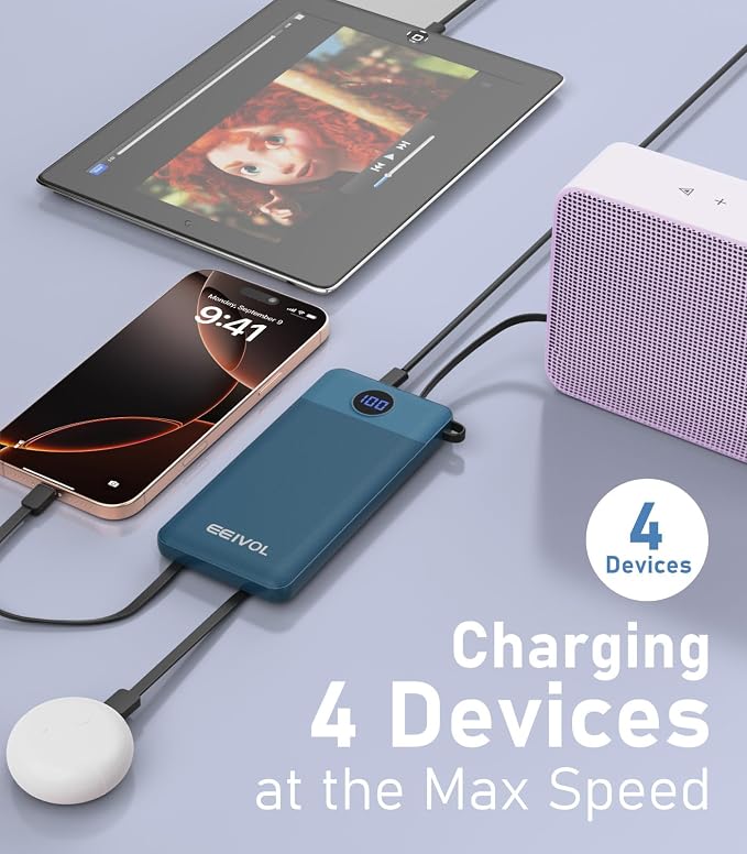 Portable Charger with Built in Cables, Slim 10000mAh Power Bank, USB C Battery Pack Travel, 4 Output 2 Input External Charging Bank for iPhone 17/16/15/14/13,Samsung, Android, etc-Blue(1 Pack)